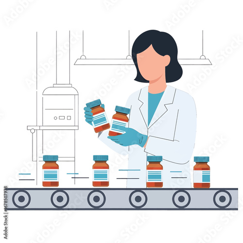 Female Scientist in White Lab Coat Inspecting Medicine Bottles on Conveyor Belt in Factory Setting
