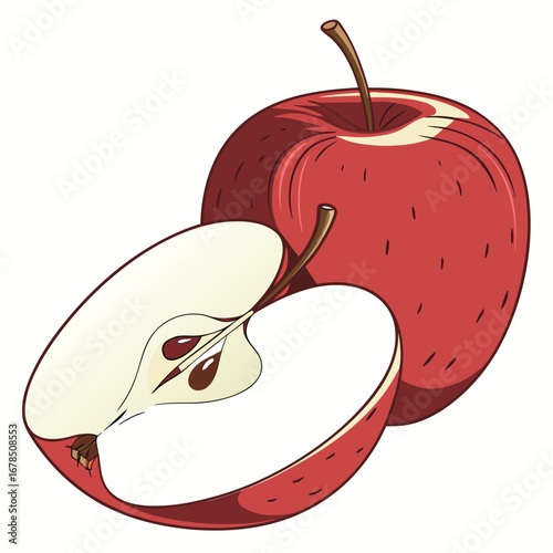 A whole red apple and a halved apple revealing its seeds and white flesh, presented on a white background.