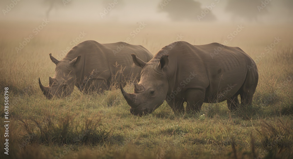 Obraz premium Two rhinoceroses grazing in grassy savanna