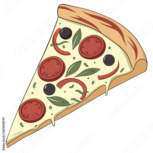A vibrant cartoon illustration of a single slice of pizza with pepperoni, black olives, and basil leaves, featuring melted cheese.
