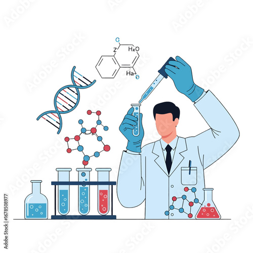 Scientist Conducting Experiment with Chemical Compounds in Blue and Red Color Liquids with Lab Equipment and Dna Structure on White Background