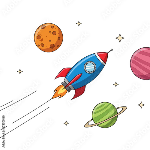 Pixel Art Blue Rocket Flying Past Planets in White Background Illustration for Space Exploration and Science Themes