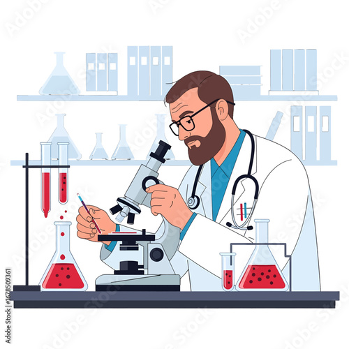 Male Scientist with Beard and Glasses Analyzing Sample Under Microscope in White Lab Coat with Red Liquid in Beakers