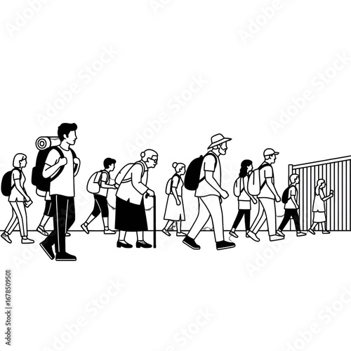 Diverse Group of People Walking with Backpacks and Hats in Line Art Style on White Background Featuring Tourists and Travelers in Simple Vector Graphics