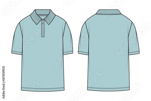 Light Blue Zipper Polo Shirt - Front and Back Views. 
Modern Pastel Blue Polo with Zip Closure - Vector Mockup. Stylish Sky Blue Sport Shirt with Zipper Placket - Apparel Design.