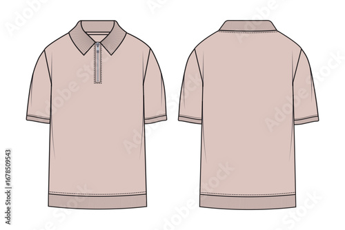 Modern Zipped Polo Design, Beige Polo Shirt with Zipper Front. Sporty Short Sleeve Zipped Polo. Vector Illustration of Beige Zippered Polo. Flat Outline Polo Shirt with Zip. RIBBED HEM ZIP POLO
