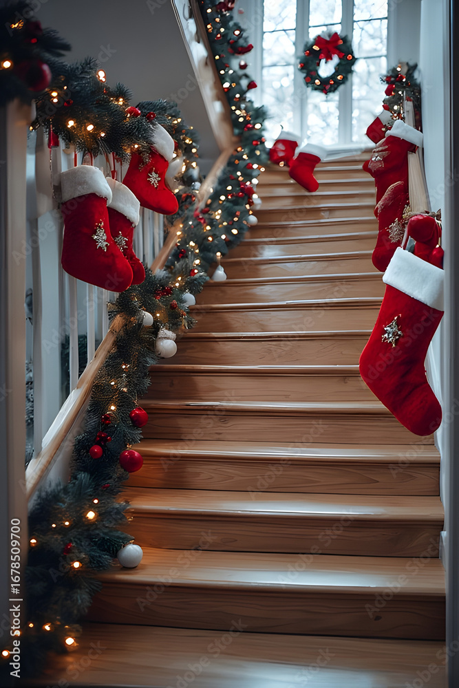 Obraz premium ia generated. Wooden Staircase with Hanging Christmas Stockings and Garland. Festive wooden staircase decorated with stockings, garlands, and warm soft lighting