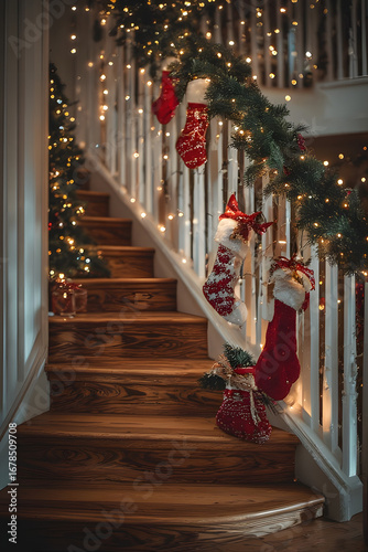 ia generated. Wooden Staircase with Hanging Christmas Stockings and Garland. Festive wooden staircase decorated with stockings, garlands, and warm soft lighting