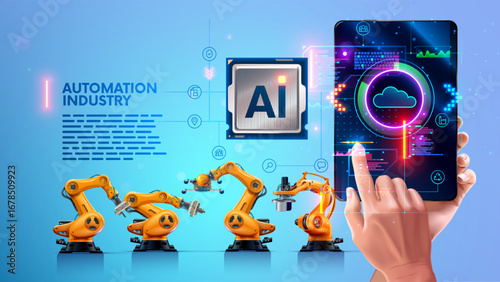 Industrial automation using artificial intelligence. AI controls an industrial plant. AI manages business processes in an industrial enterprise. A man controls a factory from a tablet screen using AI.