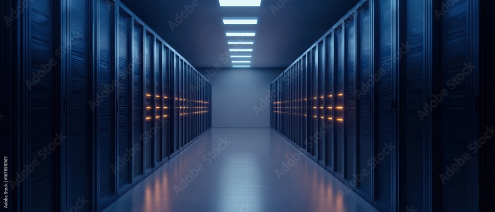 Fototapeta premium A sleek, high-tech data center corridor lined with server racks, illuminated by overhead lights, showcasing a modern computing environment.