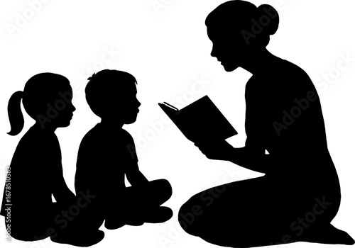 Silhouette of a mother reading a storybook, while her two kids sit cross-legged on the floor listening, vector on white Background 