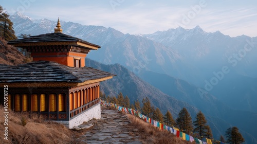 Wallpaper Mural A serene mountain landscape featuring a traditional structure with colorful windows, surrounded by majestic peaks and prayer flags fluttering in the breeze. Torontodigital.ca
