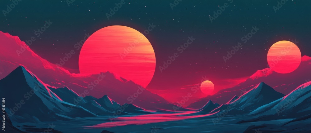 Obraz premium A vibrant, surreal landscape featuring three large suns setting over a mountain range, illuminating the sky in shades of pink and blue.