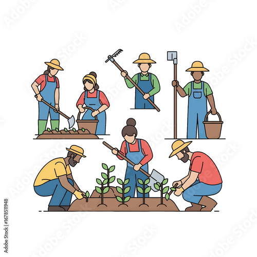 Group of Farmers Working the Field in Overalls and Straw Hats Planting Seedlings and Tilling Soil with Hand Tools Under Bright Sunlight Vector Illustration