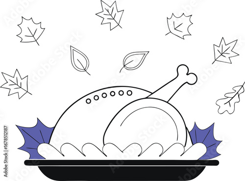 Illustration of a thanksgiving turkey surrounded by falling leaves, perfect for holidaythemed designs