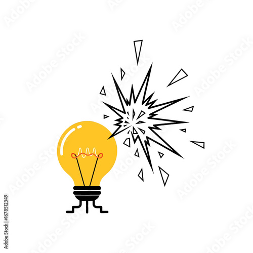 Yellow Light Bulb Exploding Into Sharp Fragments on White Background Representing a Sudden Loss of an Idea