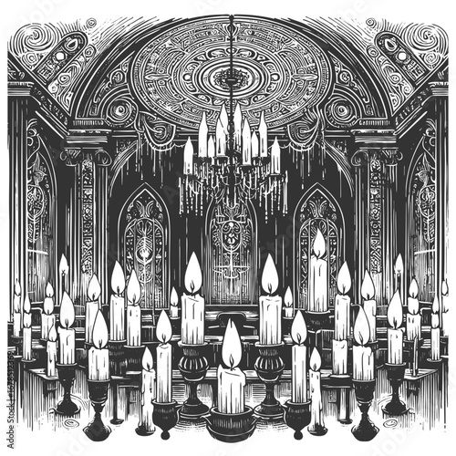 gothic cathedral interior featuring chandeliers, arched stained-glass windows, and numerous glowing candles sketch engraving generative ai vector illustration. Scratch board imitation. Black and white