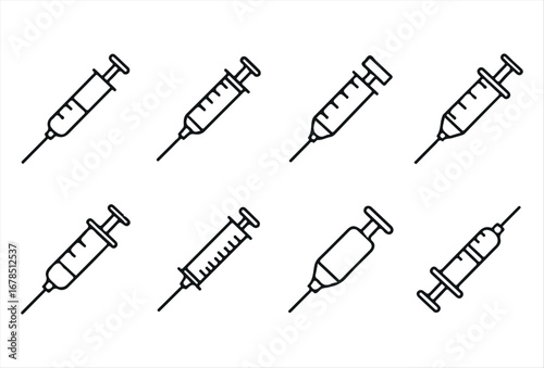 Black syringe icon set, ideal for healthcare, hospital, pharmacy, and immunization design projects