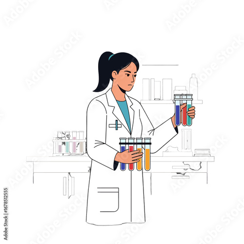 Young Scientist in White Coat Examining Vials of Colorful Liquid in Clean White Laboratory Setting for Medical Research and Development
