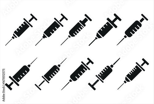 Black syringe icon set, ideal for healthcare, hospital, pharmacy, and immunization design projects