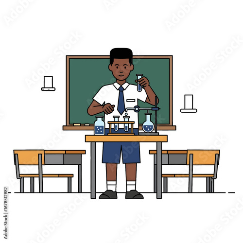 Student Conducts Chemistry Experiment in Classroom with Blue Shorts White Shirt at Table with Science Equipment Vector Illustration