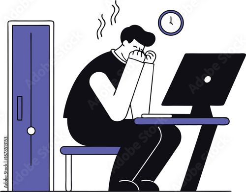 A stressed man at his desk with a computer, feeling overwhelmed by work