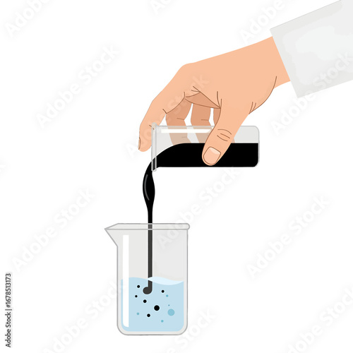 Hand Pouring Black Liquid into Beaker with Water in Laboratory Chemical Experiment Illustration on White Background