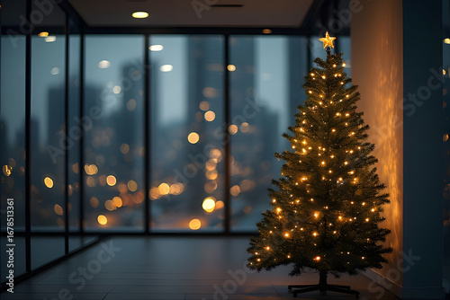 ia generated.  Small Christmas tree with LED lights placed in a sleek corporate office corner, business 