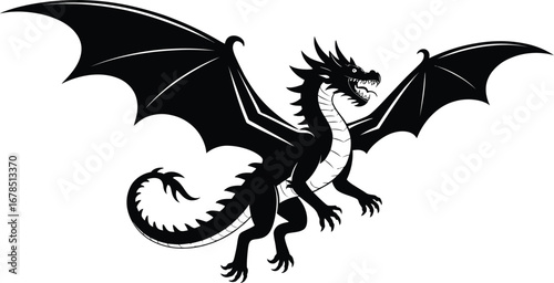Majestic black dragon with spreading wings in flight