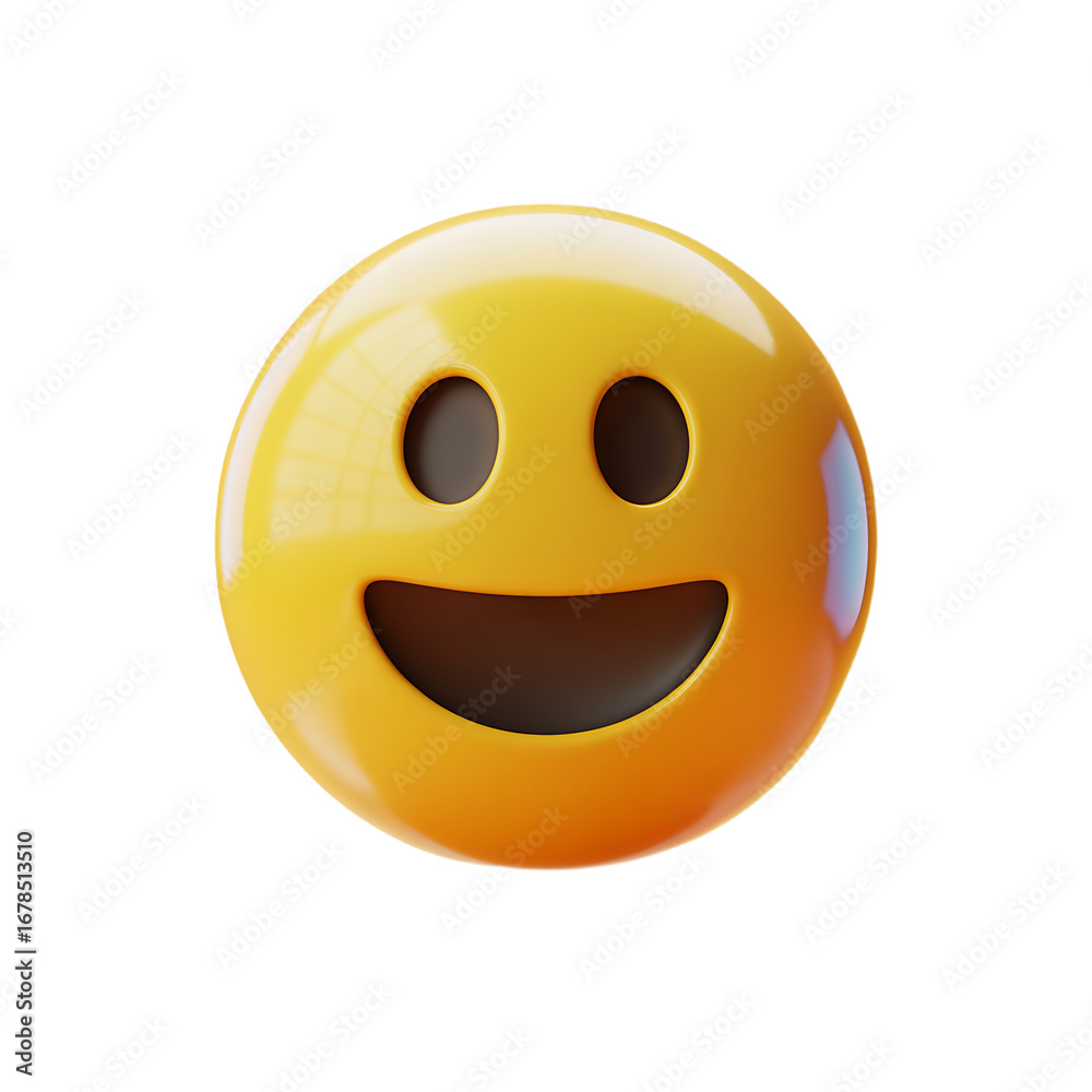 Fototapeta premium Bright yellow smiley face emoji with wide happy smile and dark eyes on black background