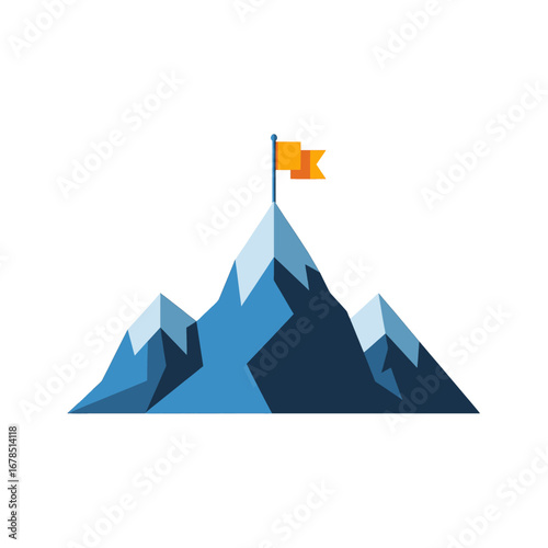 Mountain Peak with Orange Flag Symbolizing Success and Achievement with Blue Slopes and Snowy Tops Against White Background in Flat Design