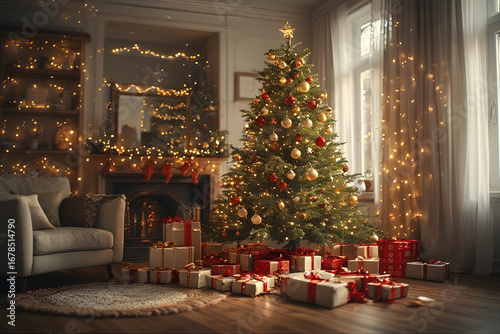 ia generated. Wide shot of a cozy living room with a tall Christmas tree decorated with golden and red ornaments, wrapped gifts neatly arranged under it, warm fairy lights glowing