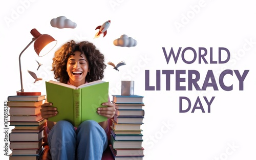 Joyful woman celebrates world literacy day surrounded by books