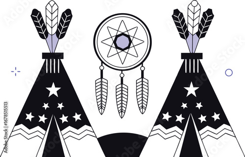 Teepee and dreamcatcher design, a symbol of native american culture and tradition, home and spiritual