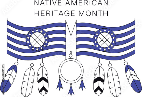 Native american heritage month design with flags and feathers