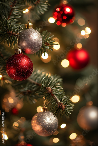 ia generated. Macro shot of shiny red and silver baubles on a Christmas tree branch, soft bokeh lights in the blurred background, shallow depth of field
