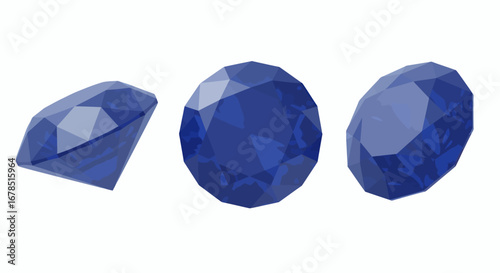 A captivating, multifaceted blue diamond vector illustration, presented in three distinct perspectives against a clean white backdrop, showcasing its brilliance and intricate cut.