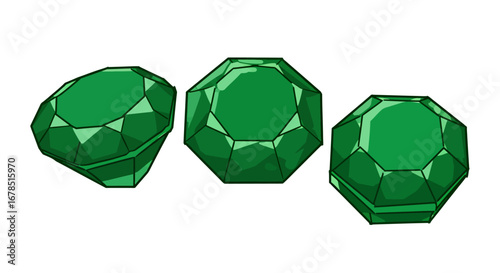Three faceted green gemstones, displayed from different angles, isolated on a white background, perfect for graphic design elements and luxury themes.