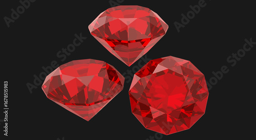 Three brilliant red faceted gemstones, resembling precious rubies or diamonds, are artfully arranged against a dark, minimalist background, perfect for luxury designs.