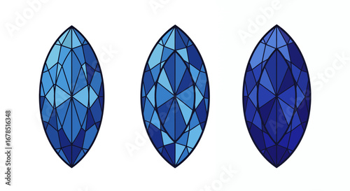 A set of three vector illustrations showcases a marquise-cut gemstone, each rendered with varying levels of detail and shading, all set against a clean white background.