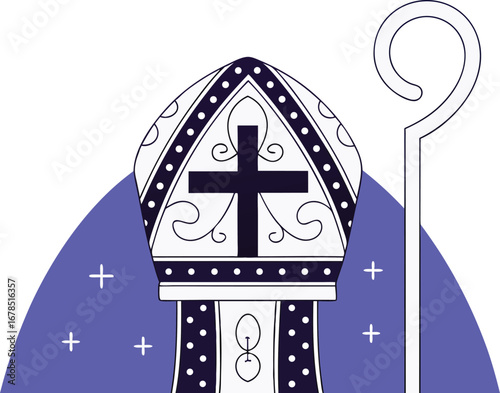 Elegant bishops hat and staff with cross symbol