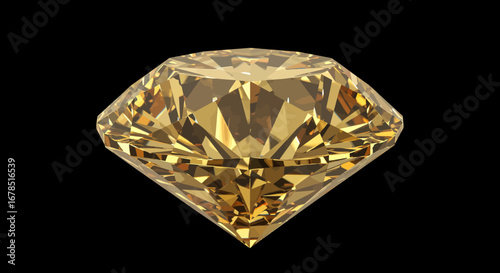 Isolated on black, a vector illustration of a sparkling, cut diamond gemstone with a golden yellow hue, showcasing its brilliance and facets in a digital rendering.