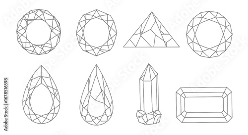 A collection of eight meticulously crafted diamond shapes, rendered as clean, elegant vector graphics, perfect for jewelry design or luxury branding projects.