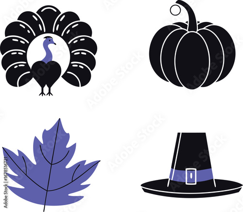 Thanksgiving icons featuring a turkey, pumpkin, leaf, and pilgrim hat