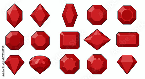 High-quality vector PNG set of 18 red diamonds in various cuts and shapes, ideal for jewelry design, game assets, or any project needing sparkling gemstones. Download now!