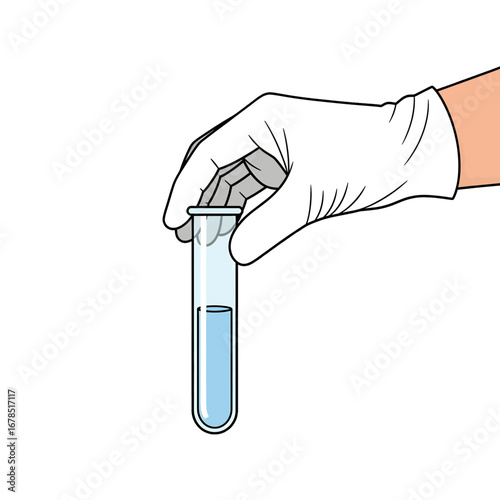 Hand Wearing White Glove Holding Blue Liquid Filled Test Tube for Scientific Research and Experiment in a Clean White Background