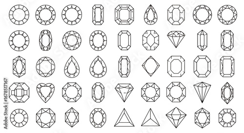 A collection of various diamond cuts and gemstone outlines presented in a clean, minimalist vector graphic, perfect for jewelry design.