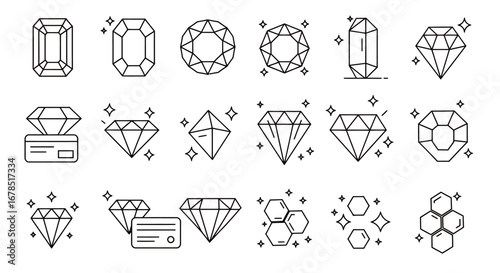 A collection of elegant diamond vector illustrations in a clean, modern outline style, perfect for design projects, showcasing brilliance and luxury on a transparent background.