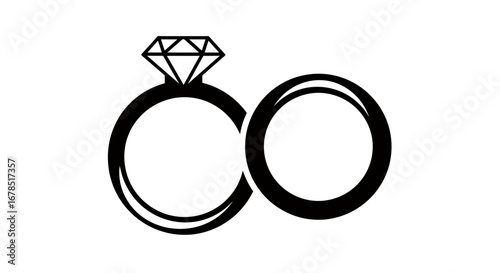 A simple black and white vector illustration depicting two elegant wedding rings, one adorned with a brilliant diamond, symbolizing eternal love and commitment.