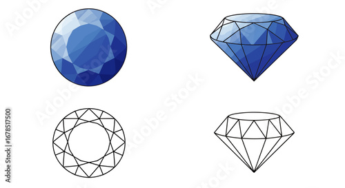Elegant blue diamond vector illustrations depict brilliant and round gemstone cuts, isolated on a pristine white background, ideal for luxury design projects.